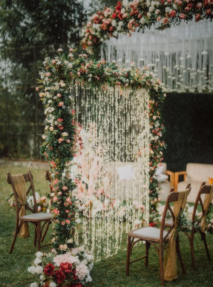 Floral arch and hanging lights